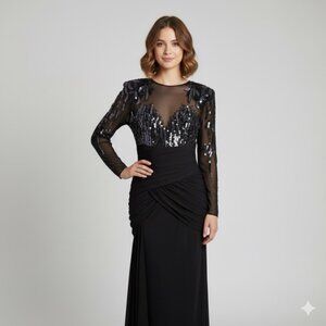 Vintage 80s Casadei Black Sequin Sheer Formal Midi Dress - 4/6 🇺🇸